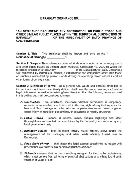 DRAFT: Barangay Road Clearing Ordinance – Local Legislation.